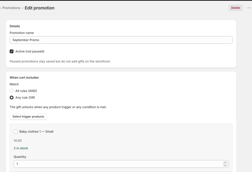 Promotion editor showing name, active status, and trigger products