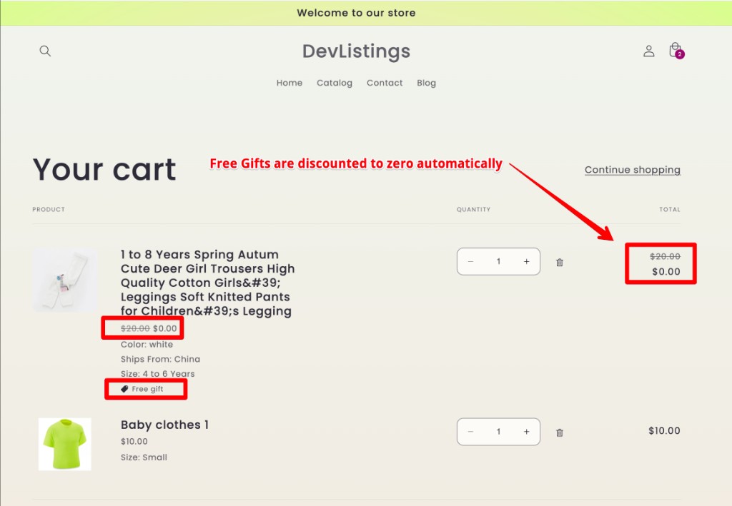 Storefront cart showing a free gift line discounted to zero dollars