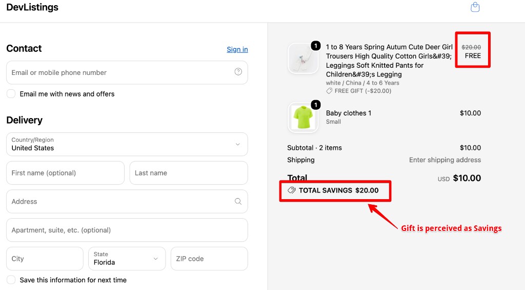Checkout order summary with free gift marked FREE and total savings shown